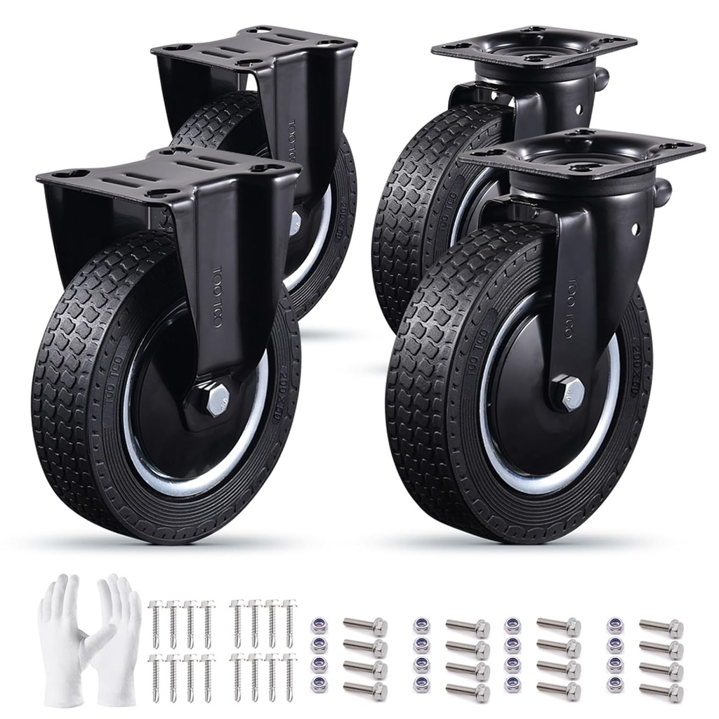 8 Inch Heavy Duty Caster Wheels Set of 4 (2 Swivel & 2 Fixed) 3200LBS Capacity Industrial Rubber Casters for Utility Cart, Workbench, Warehouse Equipment, Truck, Dolly Includes Mounting Hardware