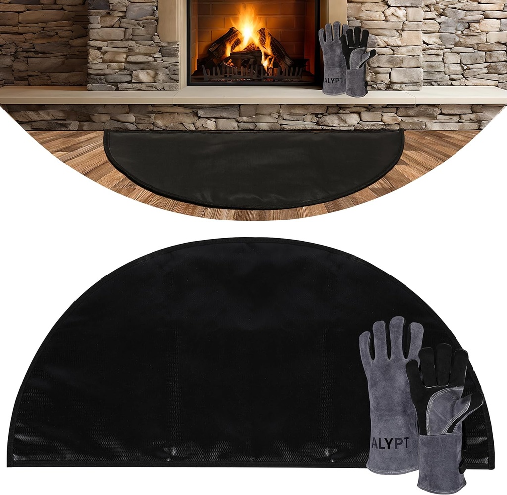 Fireproof Fireplace Hearth Mat 46"x26" plus Gloves - Extra Thick 6.49mm, Fire Retardant Rugs for Fireplace, Stove, Patio, Kitchen, Fire Pit - Non-Slip Silicone Pad - Protects Against Embers