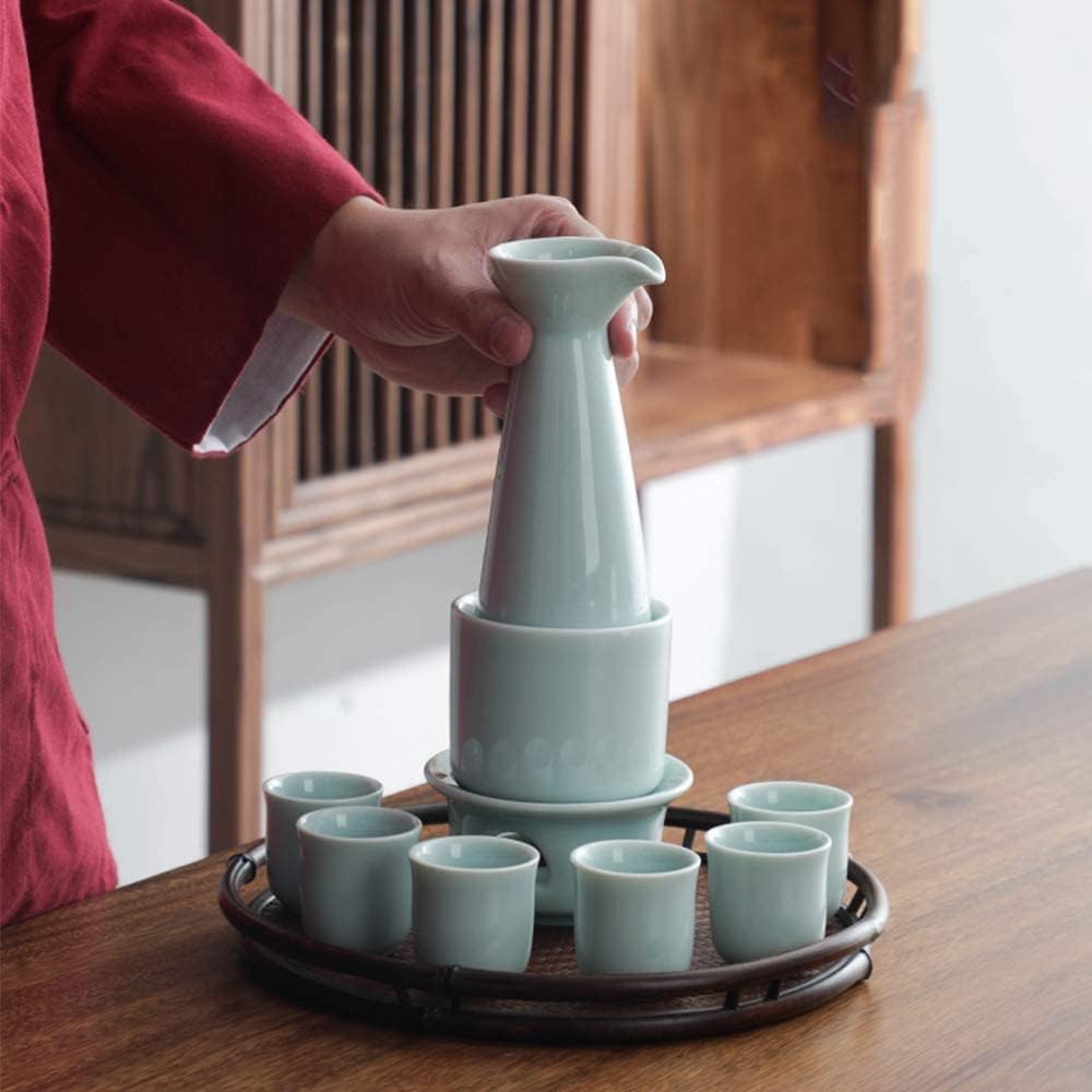 9 Pieces Sake Set, Elegant Celadon Wine Glasses with Warmer Pot and Candle Stove, for Warm/Cold Sake Service, Family and Friends Sake Set for Gift,Wine Bowls