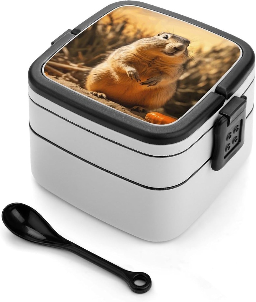 Bento Lunch Box for Women Lunch Containers for Adults Hand Drawn Groundhog Double Layered Lunchbox Large Capacity Bento Box with Cutlery for Work Picnic Camping Travel