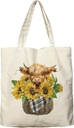 Dlzdn Sunflower Highland Cow Canvas Tote Bag For Women Aesthetic Shopping Grocery Beach Teacher Reusable Grocery Bag, Off-white, 14 x 16 inches
