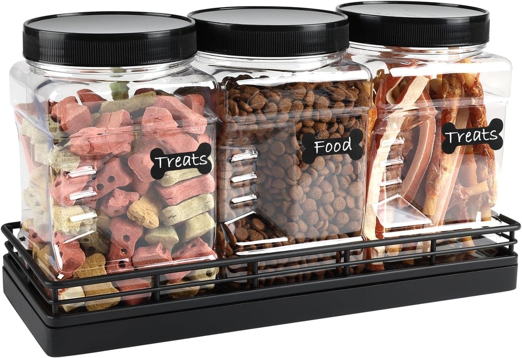 Geyecete 3 Pack Clear Plastic Jars with Lids Pet Snack Organizer 32 Oz Square Plastic Jars Containers with Easy Grip Handles Storage Jars