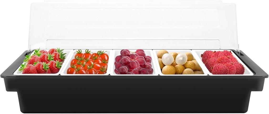 Compartment Condiment Dispenser with Removable Bins & Lid, Condiment Tray with Ice Chamber, Easy-Clean Design, Large Bar Condiment Caddy for Kitchens, Restaurants, Milk Tea Stores (5 Grid)