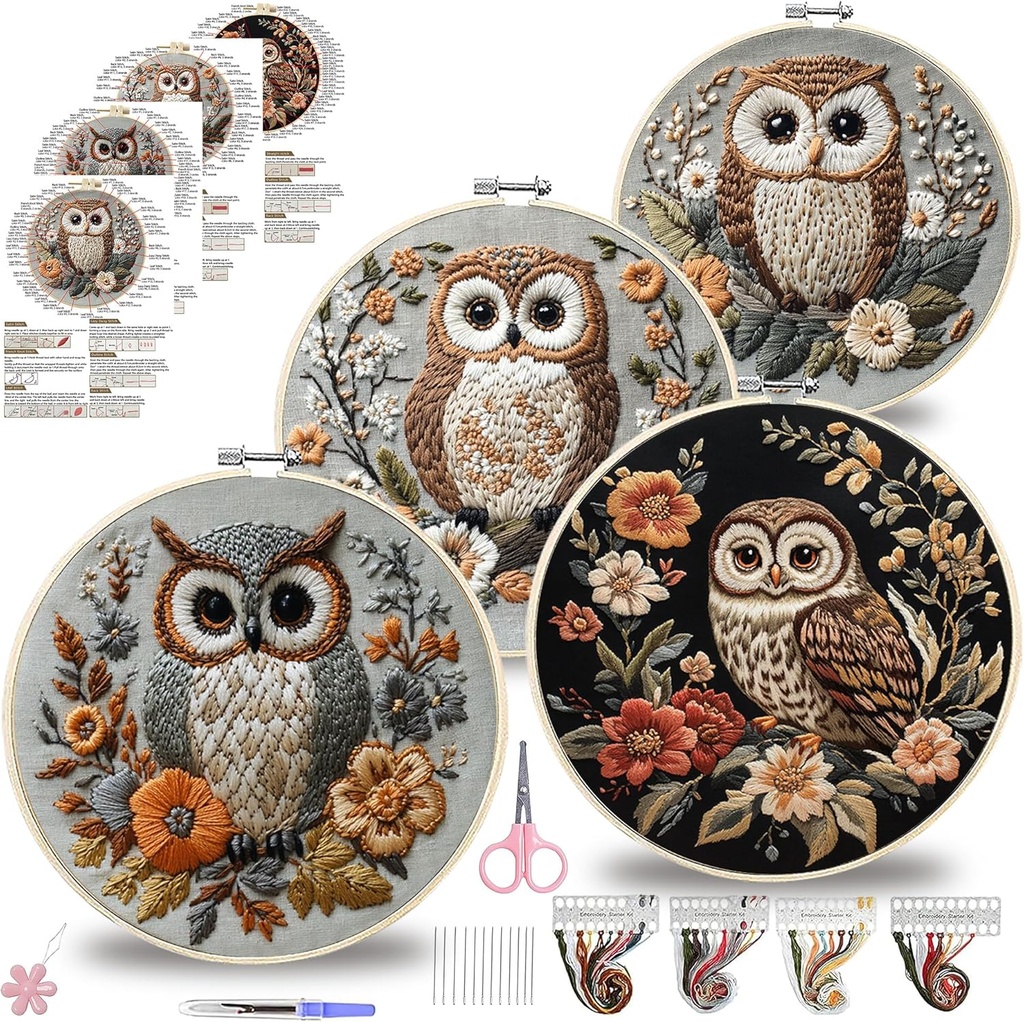 QBQBQ Owl Embroidery Kit - 8.2in, Owl Punch Needle Kit for Adults, Cross Stitch Kits for Beginners, Include Embroidery Cloth Bamboo Hoops and Step by Step Instructions, for Craft Lover Hand Stitch