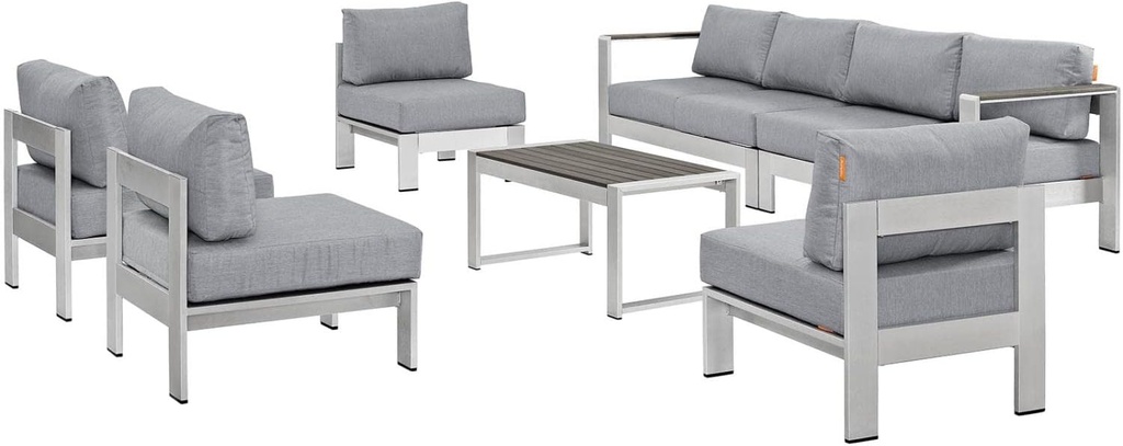 Modway Shore 7-Piece Aluminum Outdoor Patio Sectional Sofa Set in Silver Gray