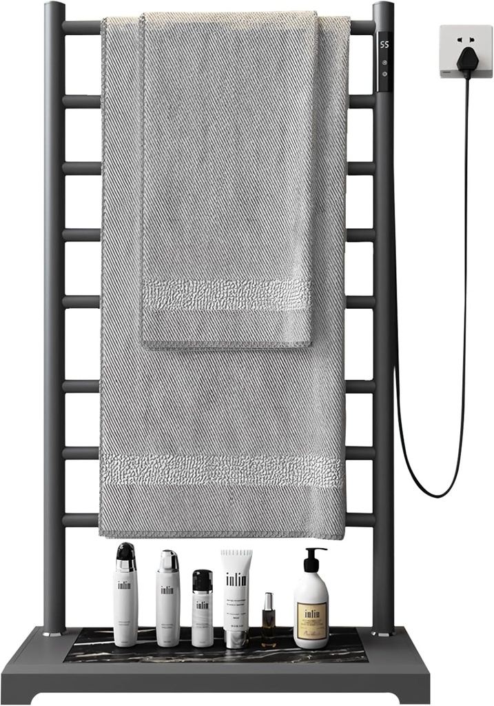 Standing Towel Warmer Racks for Bathroom with Heavy Marble Base, 37" Tall 8-Bar Heating Towel Rack Stand for Bathroom, Modern Standing Clothes Drying and Display Rack (Grey)