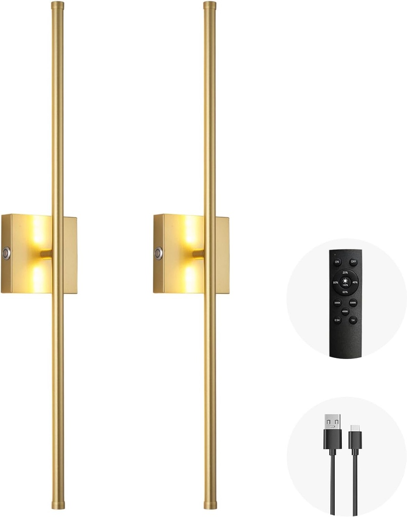 LED Wireless Wall Sconce with Remote Control (Set of Two), USB Rechargeable Battery Powered Indoor Wall Lamps, Dimmable, 360° Rotate,Timing, 28.3 inch Gold Wall Lights for Hallway/Living Room/Bedroom