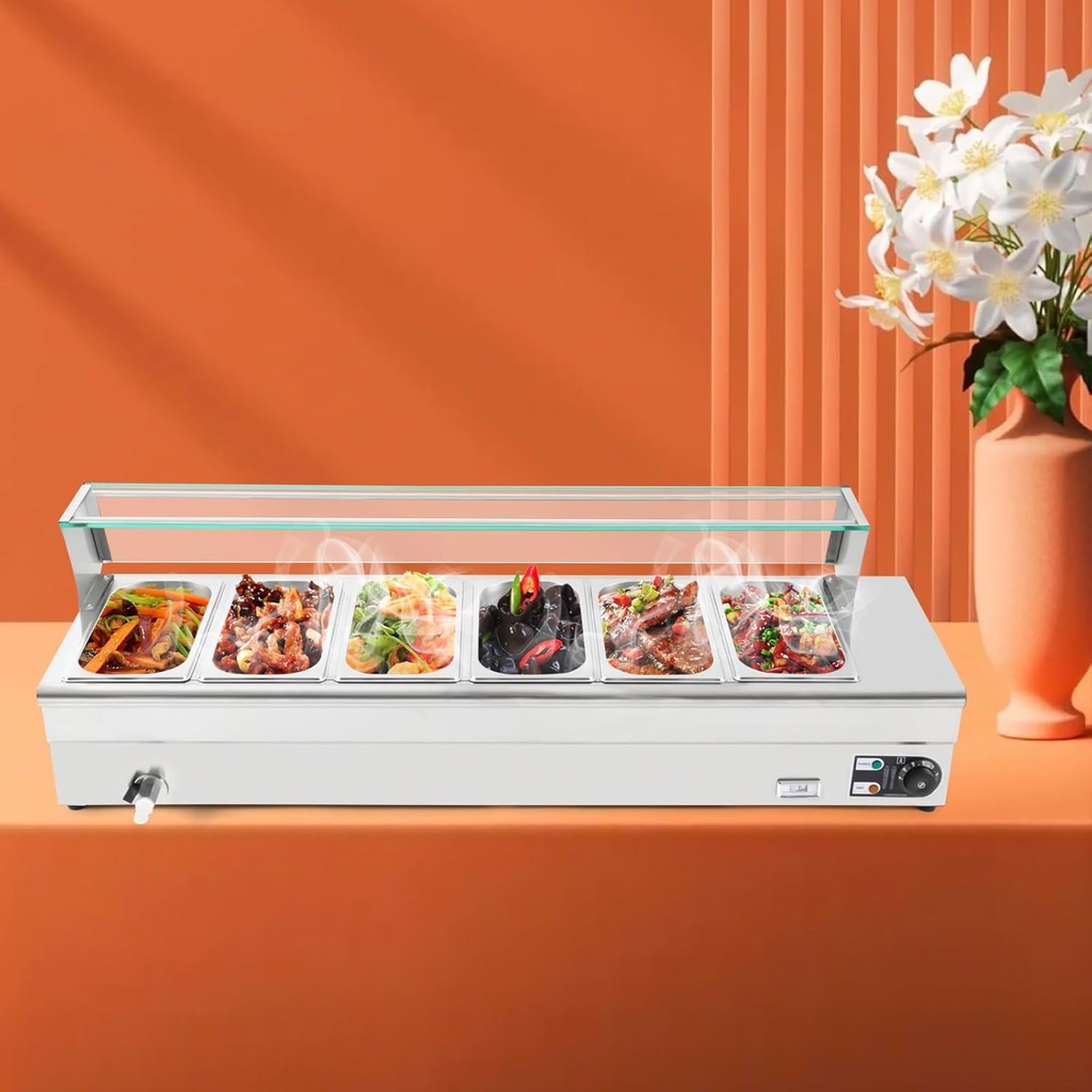 Electric Commercial Food Warmer 6 Pan x 1/3 GN Food Steam Table Soup Warmer 1200W Stainless Steel Electric Countertop Bain Marie Buffet with Tempered Glass Shield