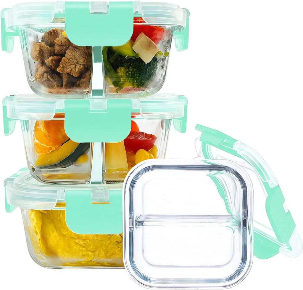 Bariatric Meal Prep Containers, 8 oz Bariatric Portion Control Food Storage Containers with Two 4 oz Compartments (3 Pack), Reusable Glass Snack Containers with BPA Free Airtight Lids (Light Green)