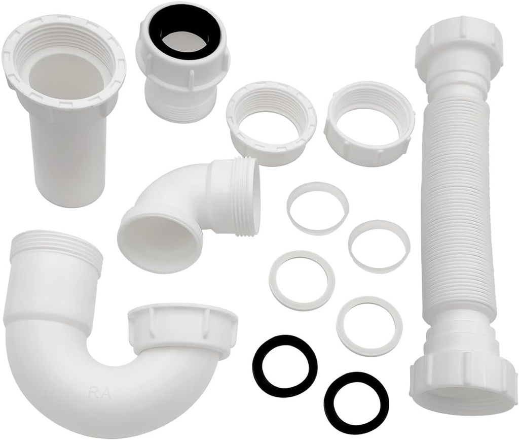 White 1 1/4" and 1-1/2" PVC P-Trap Plumbing Kit with Threaded Adapter, J-Bend for Restroom Sink Kitchen Sink Drain Pipe, Flexible Extension Tube Drain Tailpiece