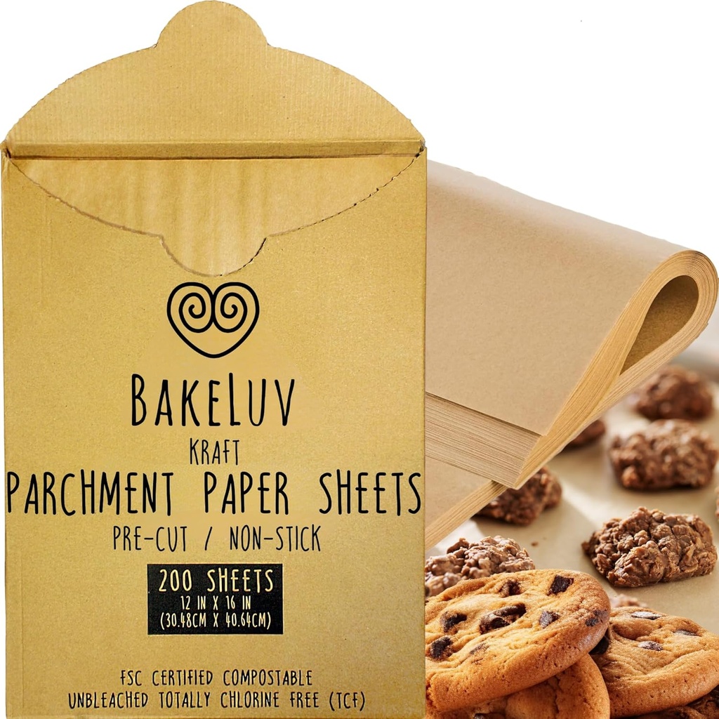 BAKELUV Kraft Brown Parchment Paper Sheets 12x16” | 200 Pcs | Non-Stick Precut Parchment Paper for Baking Sheets, Baking Paper, Unbleached Cookie Sheets, Wax Paper | Oven, Air Fryer, Grilling, Freezer