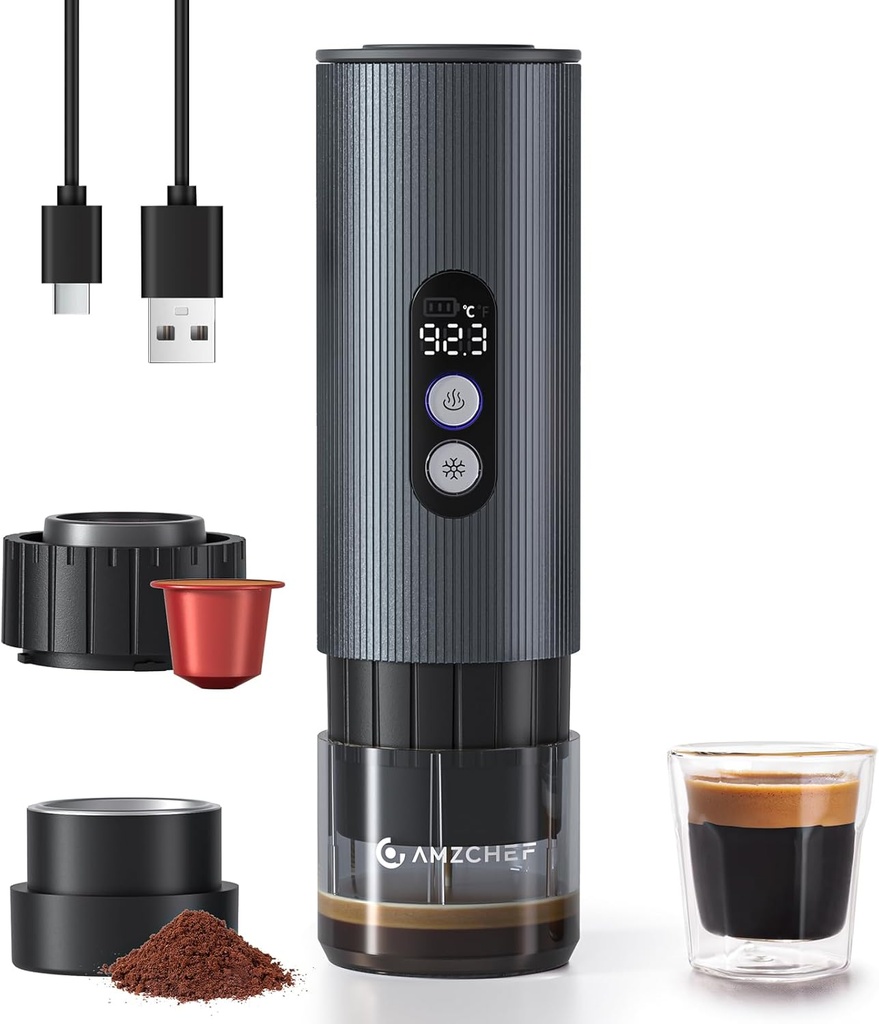 AMZCHEF Portable Coffee Maker Rechargeable w/ 9000mAh Battery, 2-in-1 Travel Espresso Maker for Ground/NS Capsules, Car Espresso Machine Self-Heating for Camping, RV, Hiking, Office, Aluminum