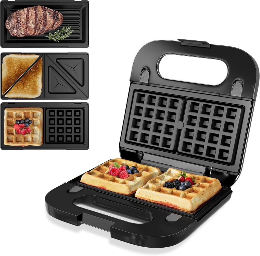 SUNVIVIPRO 3-in-1 Waffle Iron, Electric Sandwich Maker and Panini Press Grill, Non-Stick Removable Plates, Black
