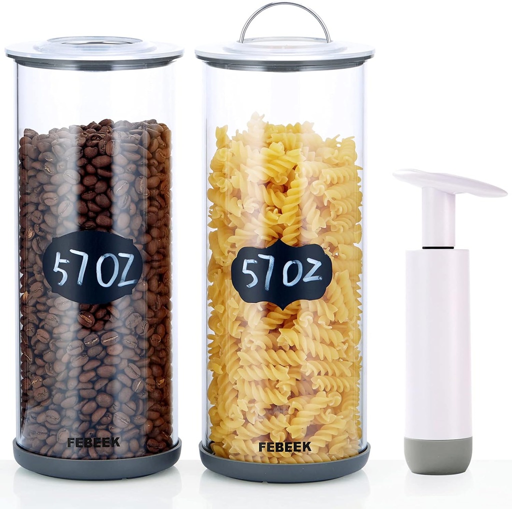 Vacuum-able Glass Food Storage Jars set with Airtight Lid, 2 Pack Clear Glass Kitchen Canisters Set with Base & Manul Pump for Keep Food Fresh