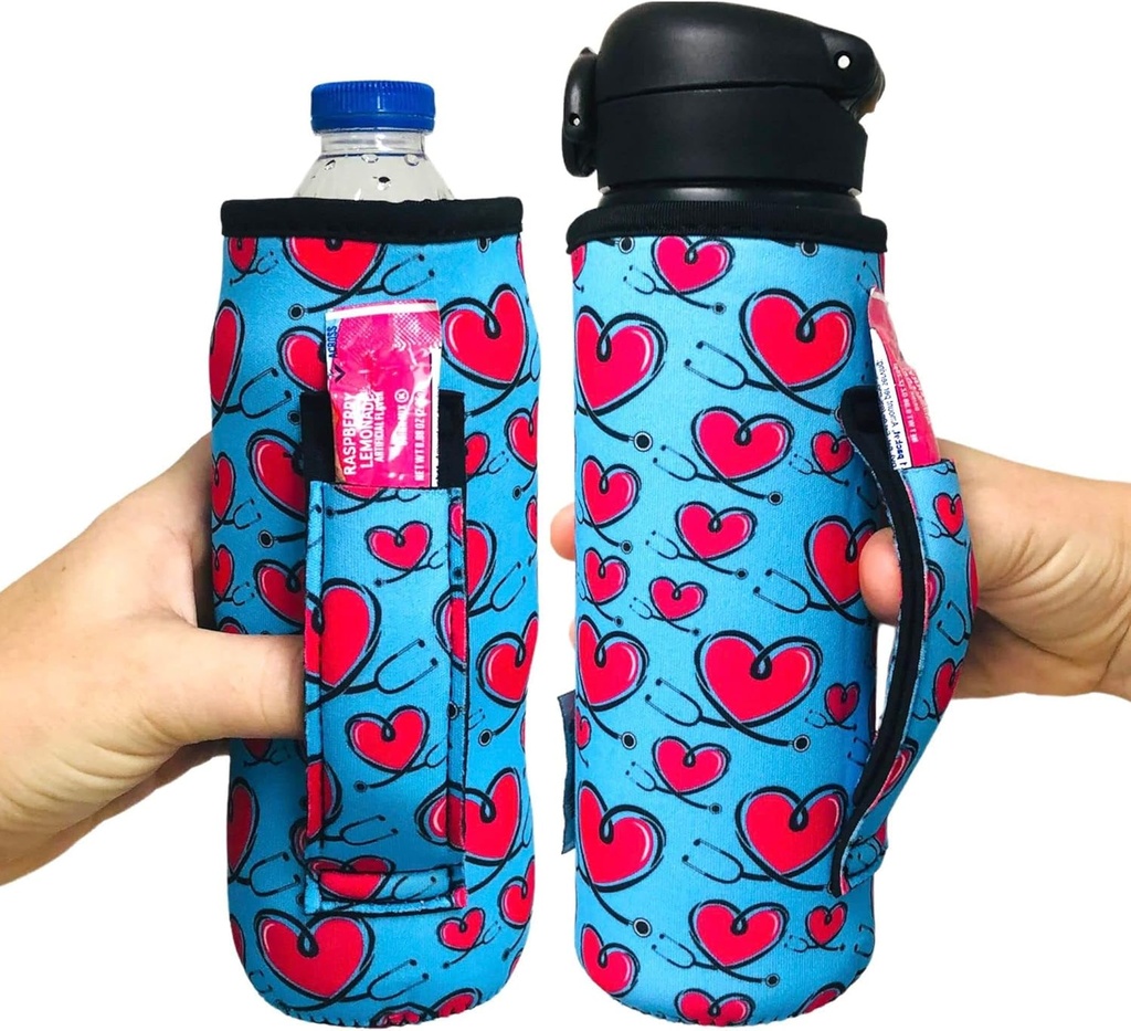 Lit Handlers Neoprene Water Bottle Sleeve - 16-24 oz Insulated Water Bottle Holder for Walking, Running, & Cycling - Soda Can Cooler & Beer Sleeve - Water Resistant Drink Covers, Love a Nurse
