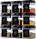 Spice Containers with Labels, 9 Pcs 16 Fl Oz Large Plastic Tea Storage Containers with 148 Spice Labels and 9 Spoons, Square Airtight Seasoning Containers Set with black Lids for Kitchen Pantry Coffee
