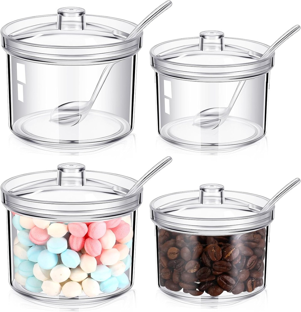Baderke 4 Pieces Acrylic Sugar Containers for Countertop 7.1oz 13.5oz Clear Sugar Bowl with Lid and Spoon with Tag Salt Holder Dispenser for Serving Condiment Candy Coffee Tea Spices Herbs