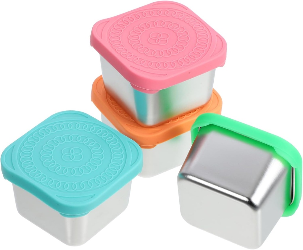 4Pcs Stainless Steel Sauce Container with Silicone Lid Small Dressing Cups for Boys and Girls Snacks Airtight Condiment Cups for Lunch Boxes Reusable Kitchen Storage