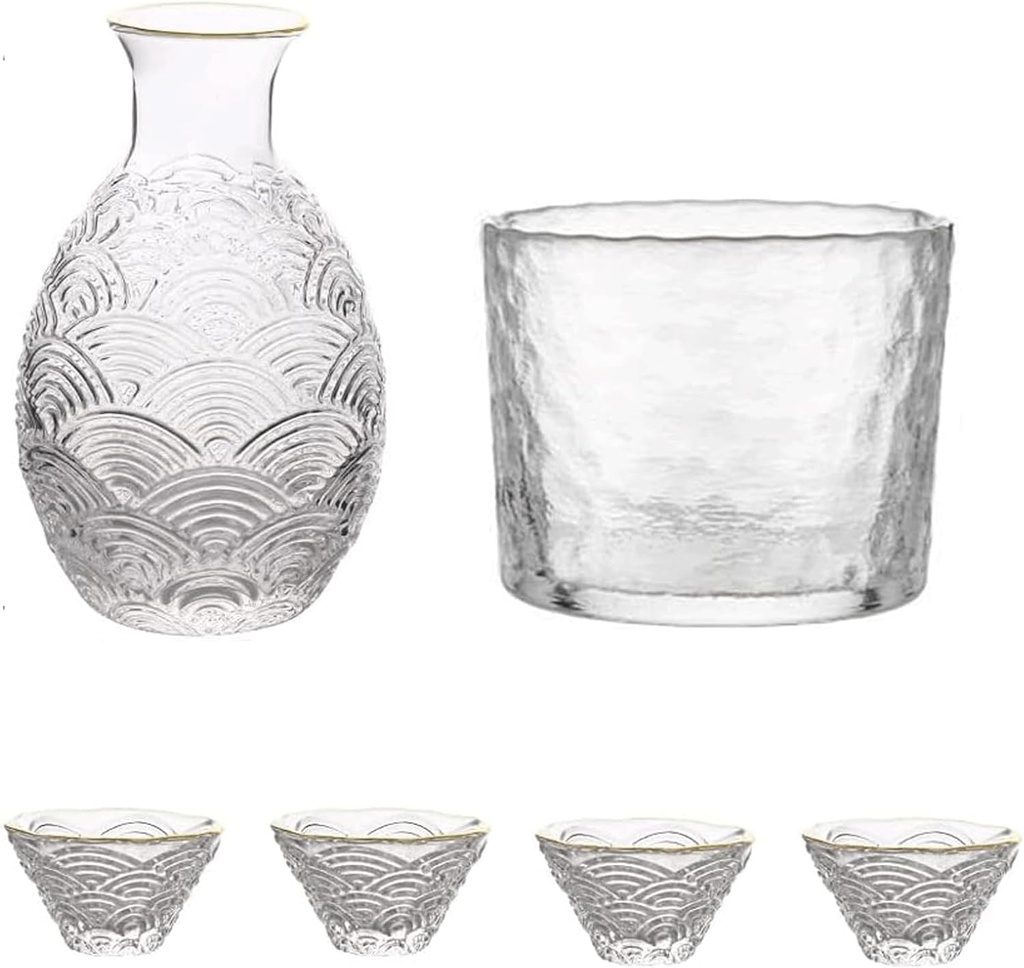 Clear Glass Sake Bottle Set Warming Mug Glass Sake Set Sake Pot Sake Cups Hot Sake or Iced Sake Drinkware Set for Sake Lovers