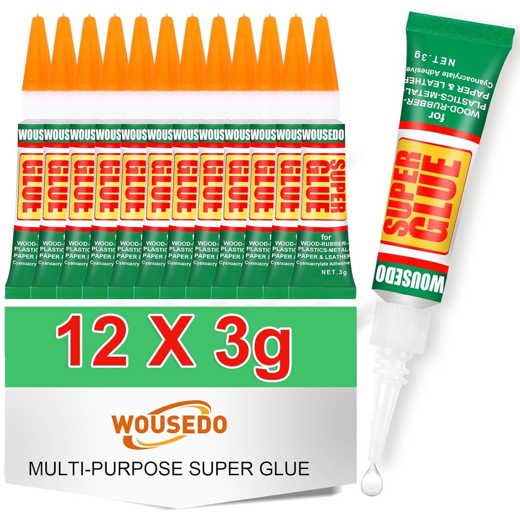 12 X 3g Super Glue Clear, Strong Adhesive,Super Glue Fast Drying Cyanoacrylate Glue for Wood,Rubber,Leather, Plastic, Metal, Rhinestone Jewelry, DIY Crafts and More