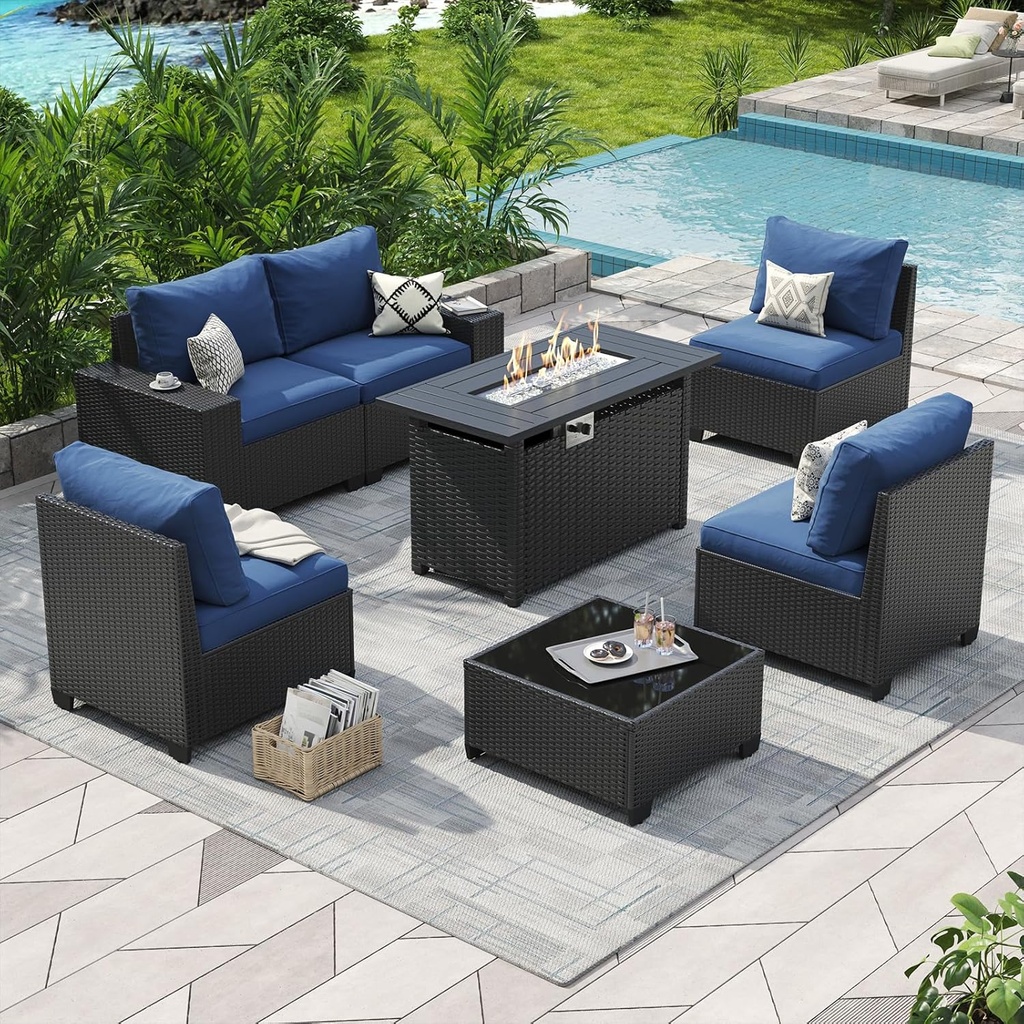Aoxun Outdoor Furniture with 44'' Fire Pit, 7 Pcs Outdoor Patio Furniture Sets with 4in Thicken Cushion, Widen Armrests Wicker Outdoor Sectional for Backyard (Waterproof Cover Include)