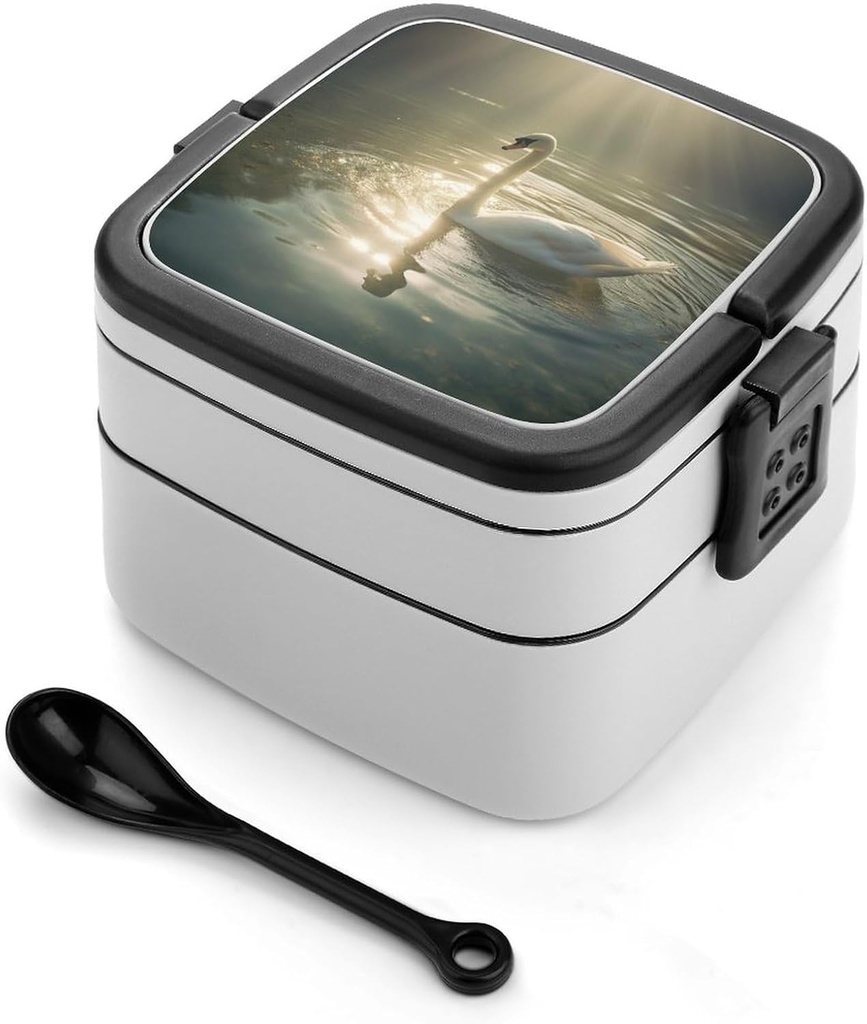Swan in Water Bento Box Adult Lunch Box All-in-One Lunch Containers with Removable Compartments Double Layer Bento Lunch Box with Spoon And Handle Stackable Lunchbox