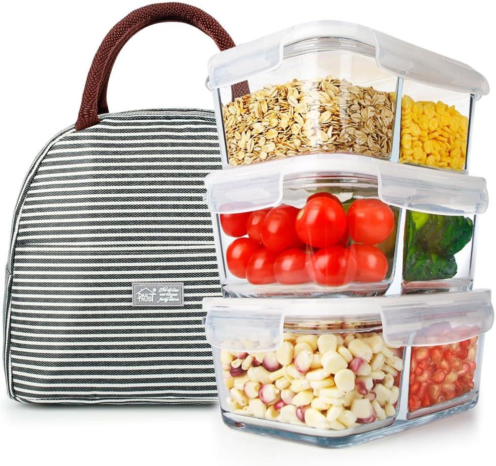 DAS TRUST 3 Pack Glass Food Storage Containers 2 Compartments Glass Meal Prep Containers with Lids Lunch Containers for Adult Food Prep Container with Dividers Reusable Lunch Bento Box