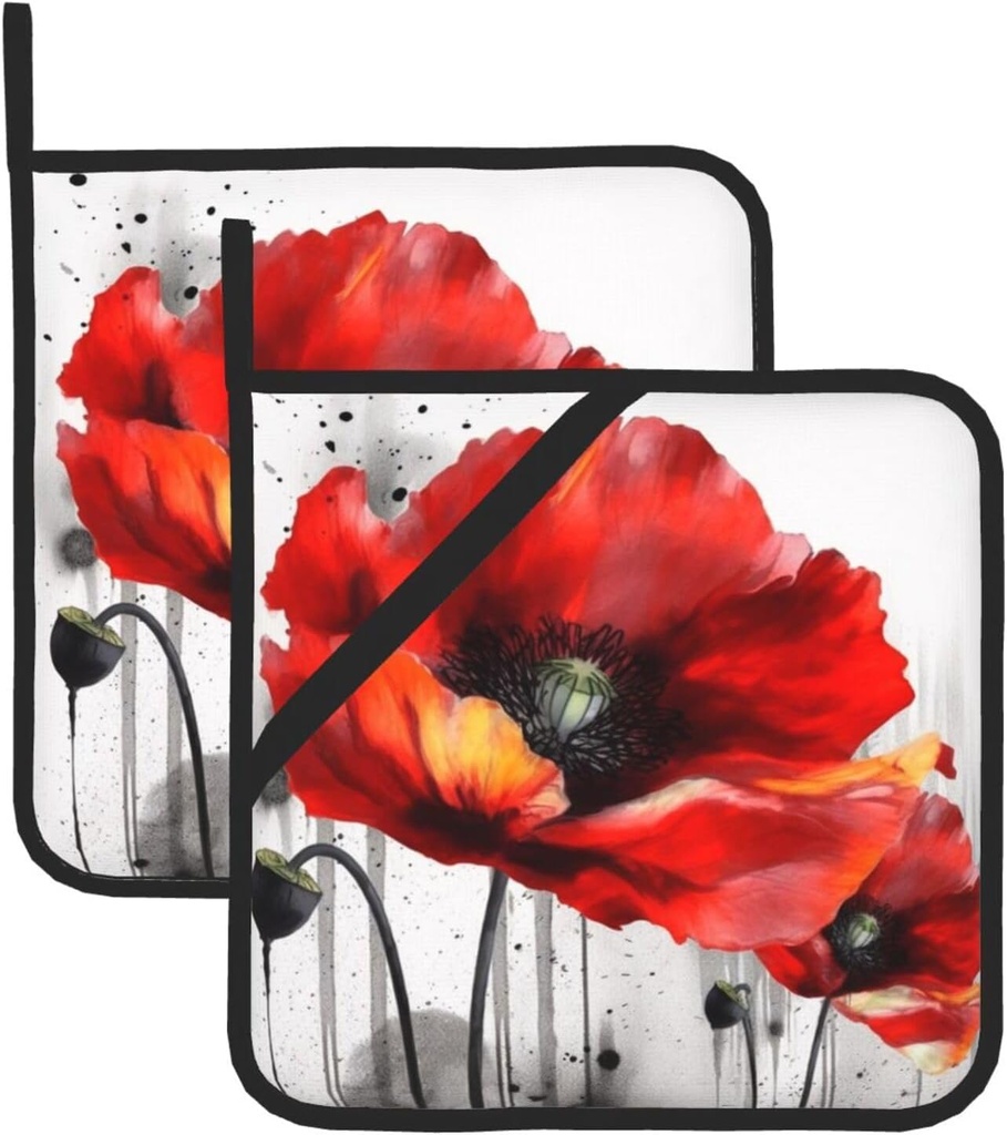 Beautiful Poppy Flower Ink Print Pot Holders Set of 2 Kitchen Heat Resistant Potholder with Hanging Loop Waterproof Thickened Oven Hot Pad for Microwave BBQ Cooking Baking 8 x 8 Inch