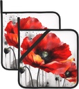 Beautiful Poppy Flower Ink Print Pot Holders Set of 2 Kitchen Heat Resistant Potholder with Hanging Loop Waterproof Thickened Oven Hot Pad for Microwave BBQ Cooking Baking 8 x 8 Inch
