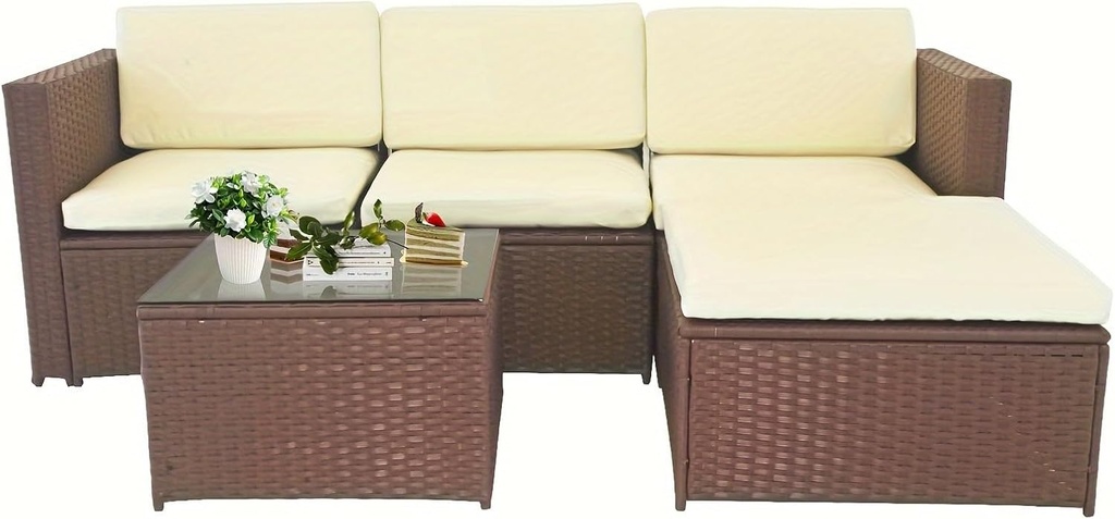 5 Pieces Outdoor Patio Furniture Set, All-Weather Rattan Conversation Set with Cushions, Modern Sectional Sofa for Garden, Backyard, Porch, Balcony (Grey Rattan)