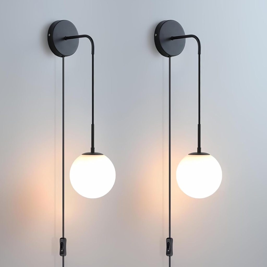 Wall Sconces Set of Two Plug in Wall Sconces Matte Black Wall Lamp with Plug in Cord and Switch Hanging Indoor Wall Mounted Lights with Globe Glass Shade Plug in Sconces Wall Decor Set of 2