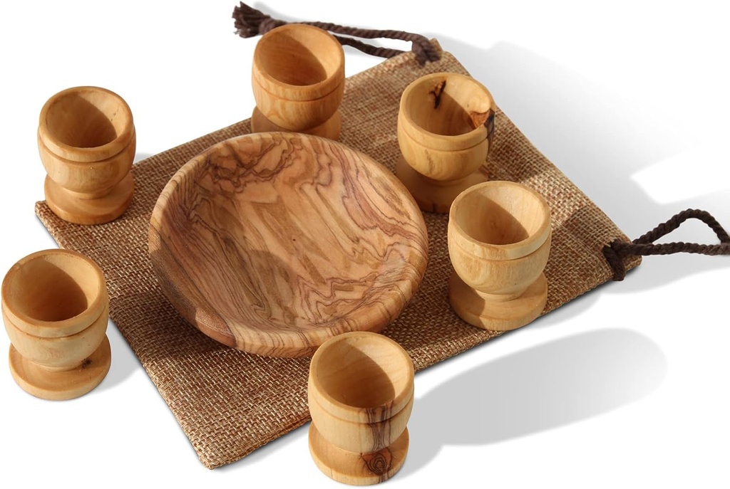 Olive Wood Mini Communion Cups with Bread Tray – Set of 6 wooden Hand-Carved Kiddush Cups in Gift Bag – Made in Bethlehem, Christian Church Worship Set with Certificate of Origin