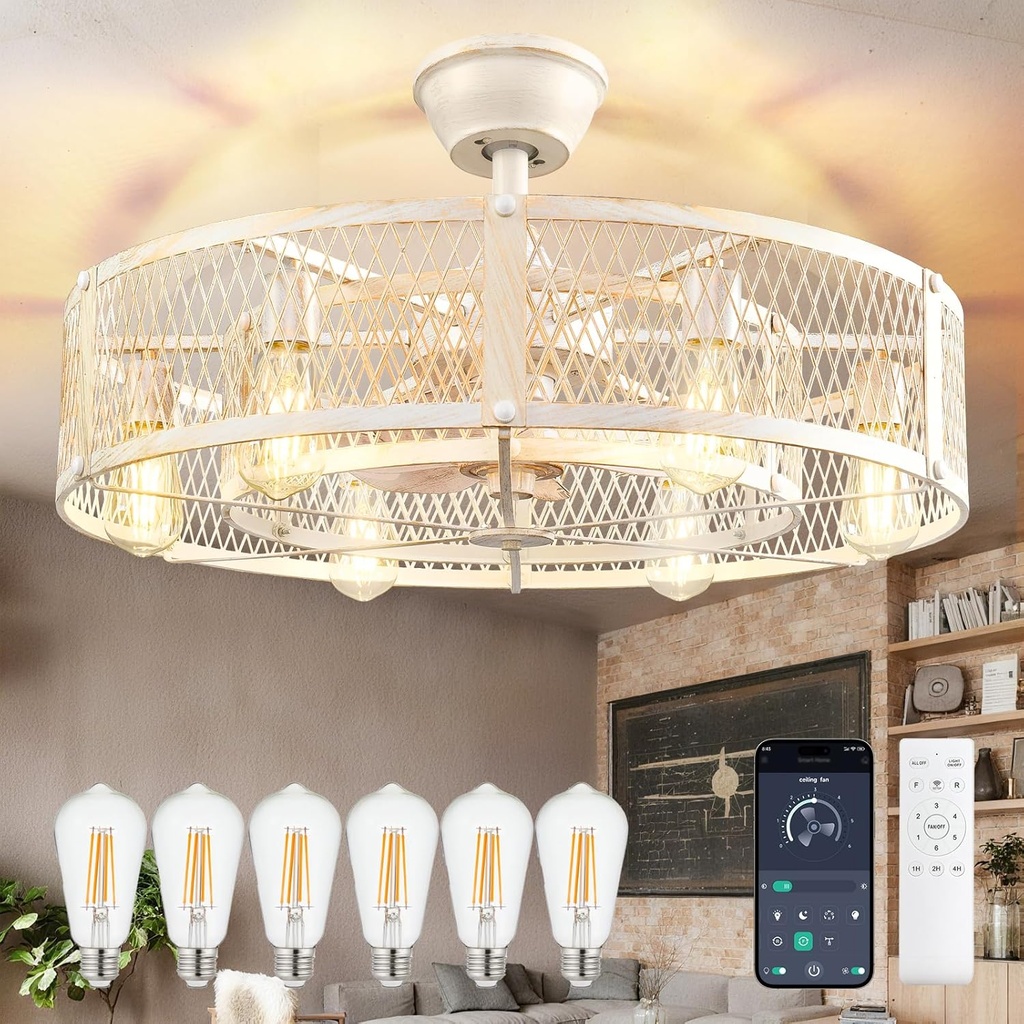 DLLT Caged Ceiling Fan with Lights: 26" Bladeless Fandelier with Light and Remote - Cement Industrial Chandelier Fan Light for Bedroom Living Dining Room Kitchen