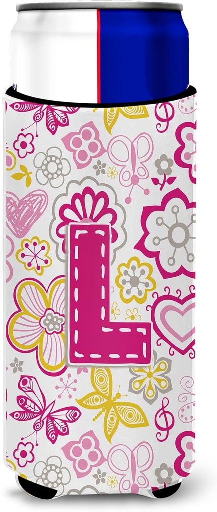 Letter L Flowers and Butterflies Pink Ultra Beverage Insulators for slim cans