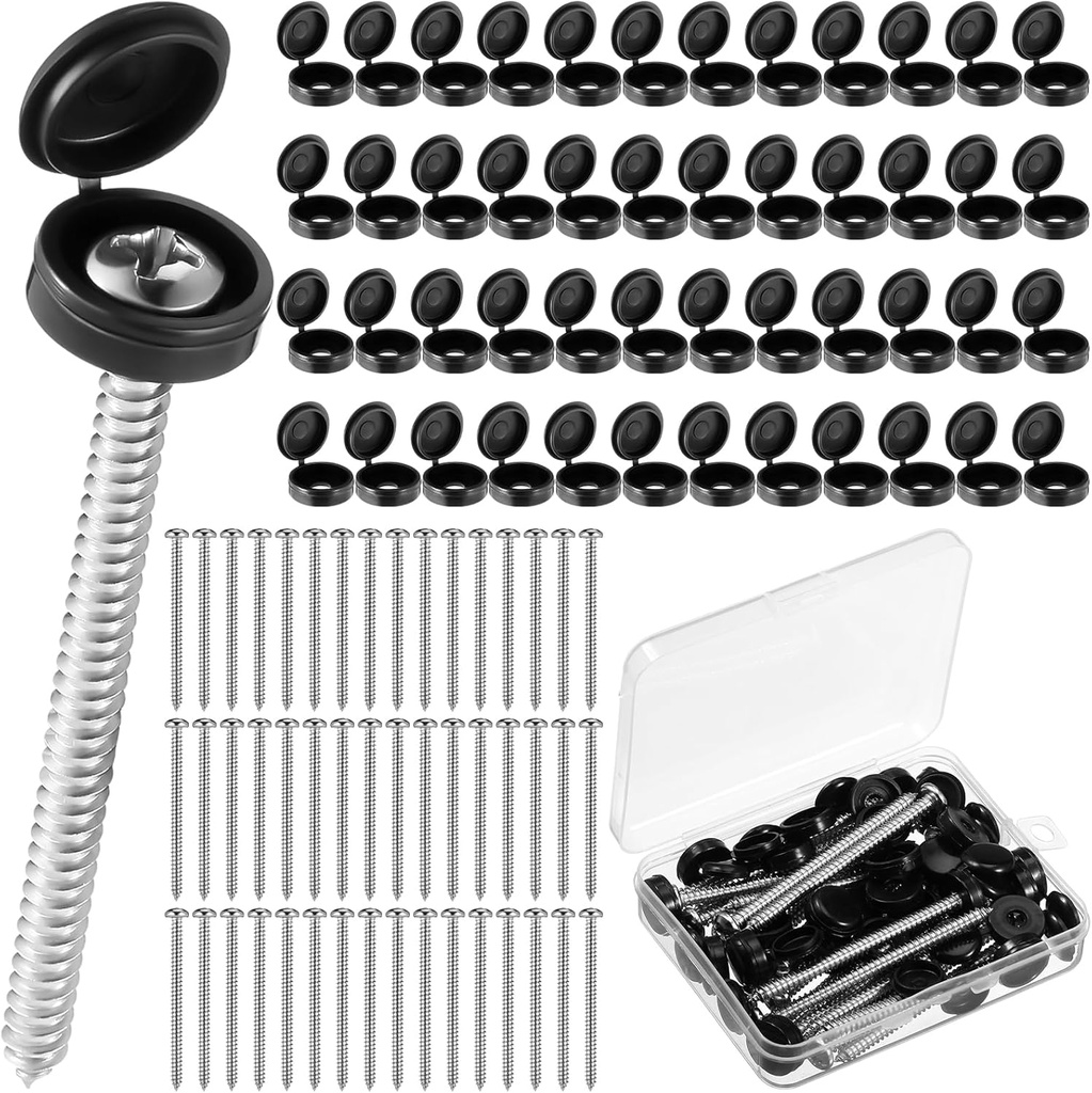 Zhengmy 3 Inch Shutter Screws and Caps Bulk Shutter Fasteners 304 Metal Stainless Steel Screws with Vinyl Caps for Outside Windows Hardware Railings Furniture(96 Set,Black)
