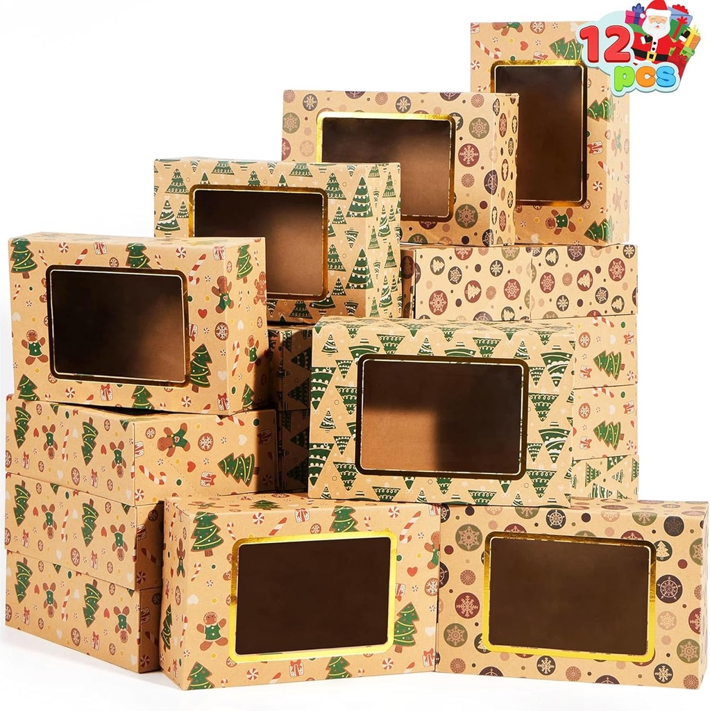 JOYIN 12 PCS Foiled Christmas Cookie Boxes for Gift Giving, 8.75" x 5.75" x 2.75” Bakery Boxes with Window, 3 Design Brown Kraft Cardboard Treat Box for Xmas Holiday Pastries Cupcakes Doughnut Wrap