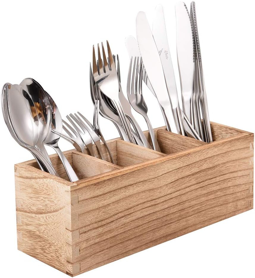 WuGeShop Wood Cutlery Caddy, Kitchen Utensil Organizer with 4 Compartments, Silverware Storage Kitchen Countertop Flatware Organizer