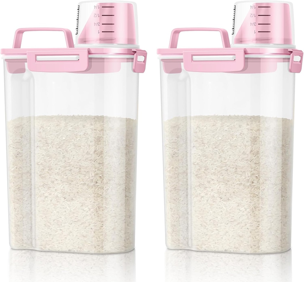 TBMax Rice Container 2 Pack 5 Lbs Cereal Container Storage, Kitchen Pantry Food Storage Holder with Cup, Small Pet Dog Cat Food Container -Pink