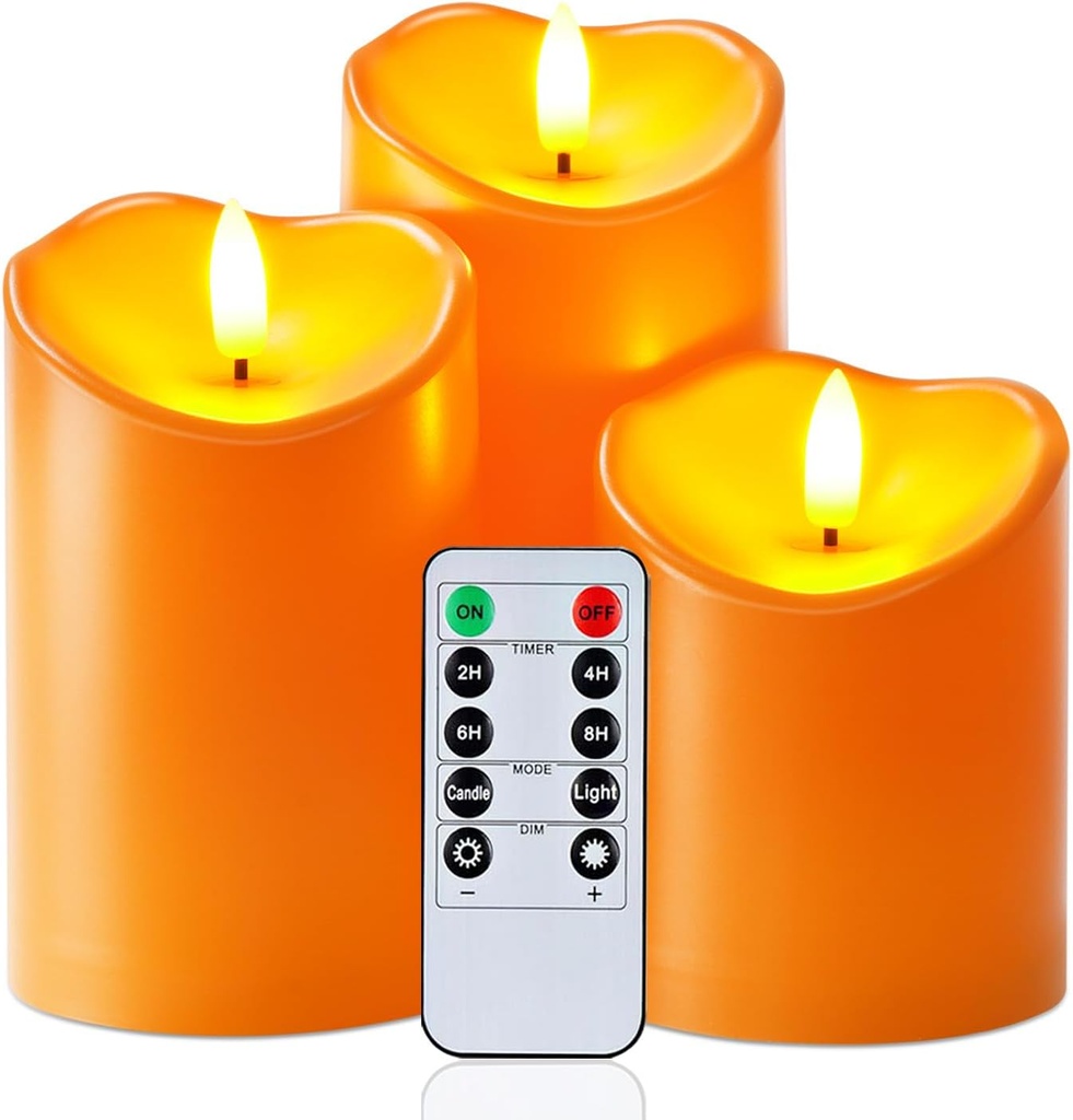 Homemory Halloween Orange Flameless Candles, Fall Candles, Outdoor Waterproof Flickering Battery Operated LED Pillar Candles with Remote and Timers, Won't Melt Plastic, Set of 3
