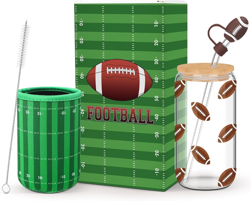 Football Lover Gifts, 16 oz Glass Iced Coffee Cup with Straw Stopper and Mug Sleeve, Football Glasses Cup Gifts Box for Women Man Sport Lovers