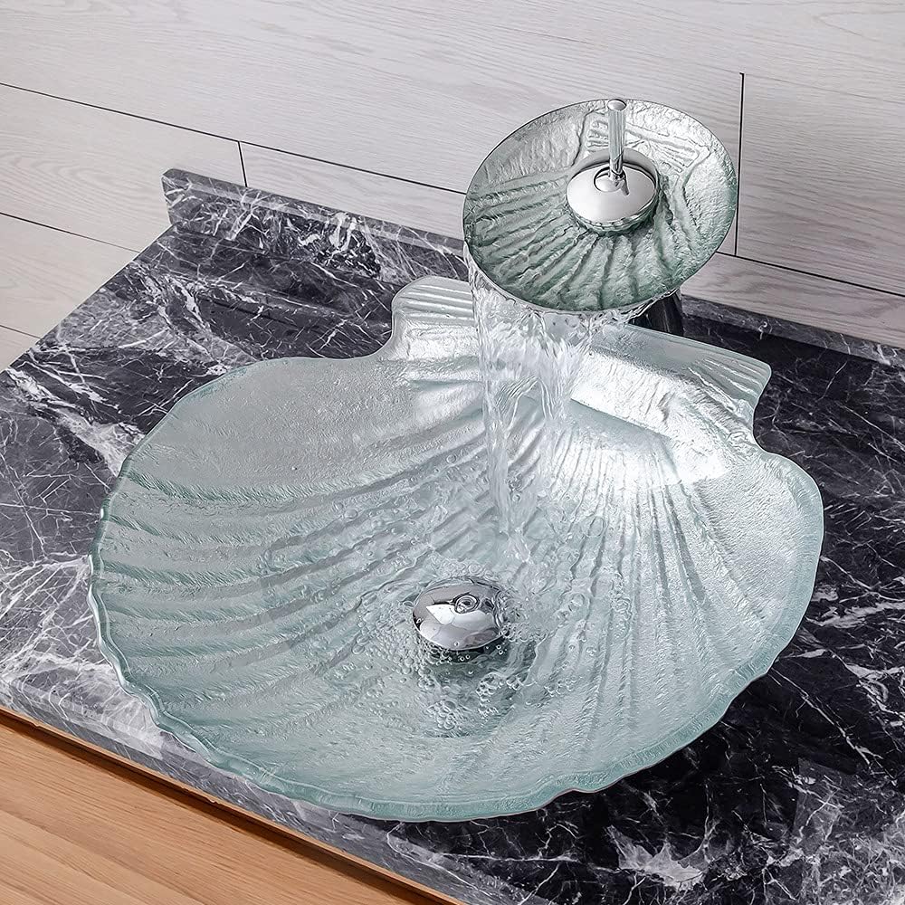 Lovedima Crystal Glass Vessel Sink,Transparent Shell Shaped Bathroom Vanity Wash Sink Above Counter with Faucet