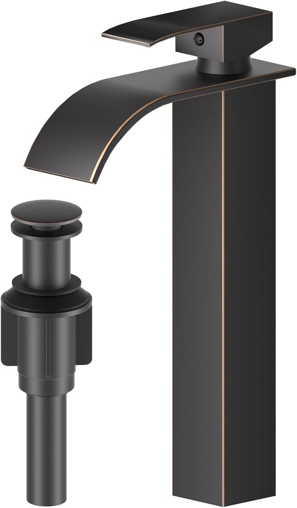 RUMOSE Tall Oil Rubbed Bronze Bathroom Faucet with Pop Up Drain Modern Single Handle One Hole Bathroom Vessel Sink Faucet Waterfall Spout Rv Lavatory Vanity Faucet Deck Mount Mixer Tap Stainless Steel