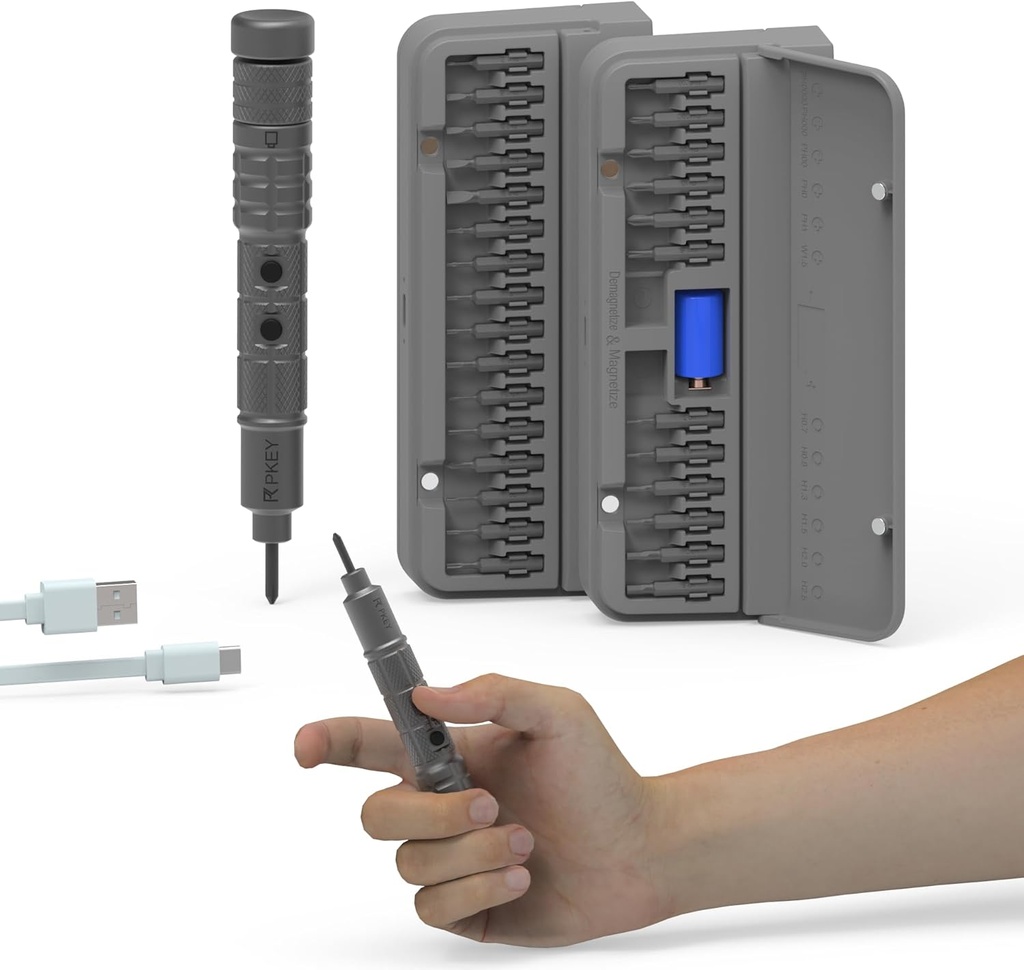 PKEY Mini Electric Screwdriver Set,Precision Electric Screwdriver， Cordless with 28 Precision Magnetic Bits, 3 Gears Torque, Overload Protection, Repair Tool Set for Phone Camera Laptop Watch