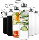 24oz Glass Water Bottles – Pack of 6 - Nylon Protective Sleeves, Airtight Screw Top Lids, Portable Carrying Loops - Lead, PVC and BPA Free - Water, Smoothie, Juicer, and Beverage Glasses