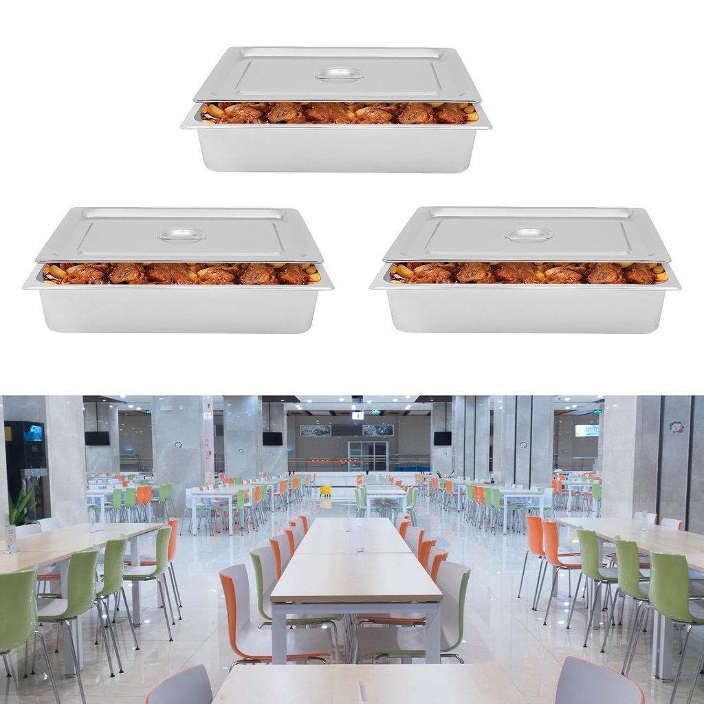Full Size Steam Table Pans with Lid, 3 Pack Deep Restaurant Steam Table Pans Commercial Cookwares, Stainless Steel Steam Table Pans, Steam Table Pan for Hotels