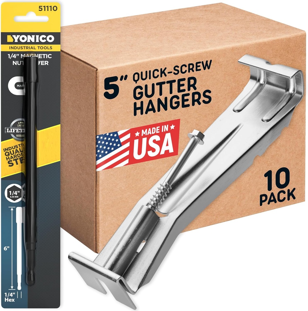 Quick Screw Gutter Hangers 5 Inch- 10 Pack - 5 Inch Gutter Clips with Bonus 6 Inch Drill Bit - Hidden Bracket Clips with Pre-Assembled Screw - Fix Sagging Rain Gutters