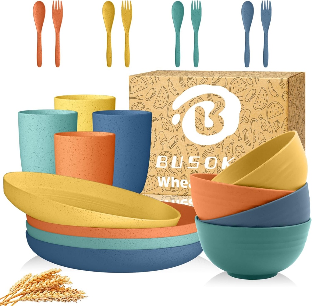 Wheat Straw Dinnerware Sets for 4 | Unbreakable Kids Plates and Bowls Sets 20 PCS, Alternatives to Plastic Dishes, Camping Dishes, Dishwasher & Microwave Safe Dorm Dish Sets (Multicolor)