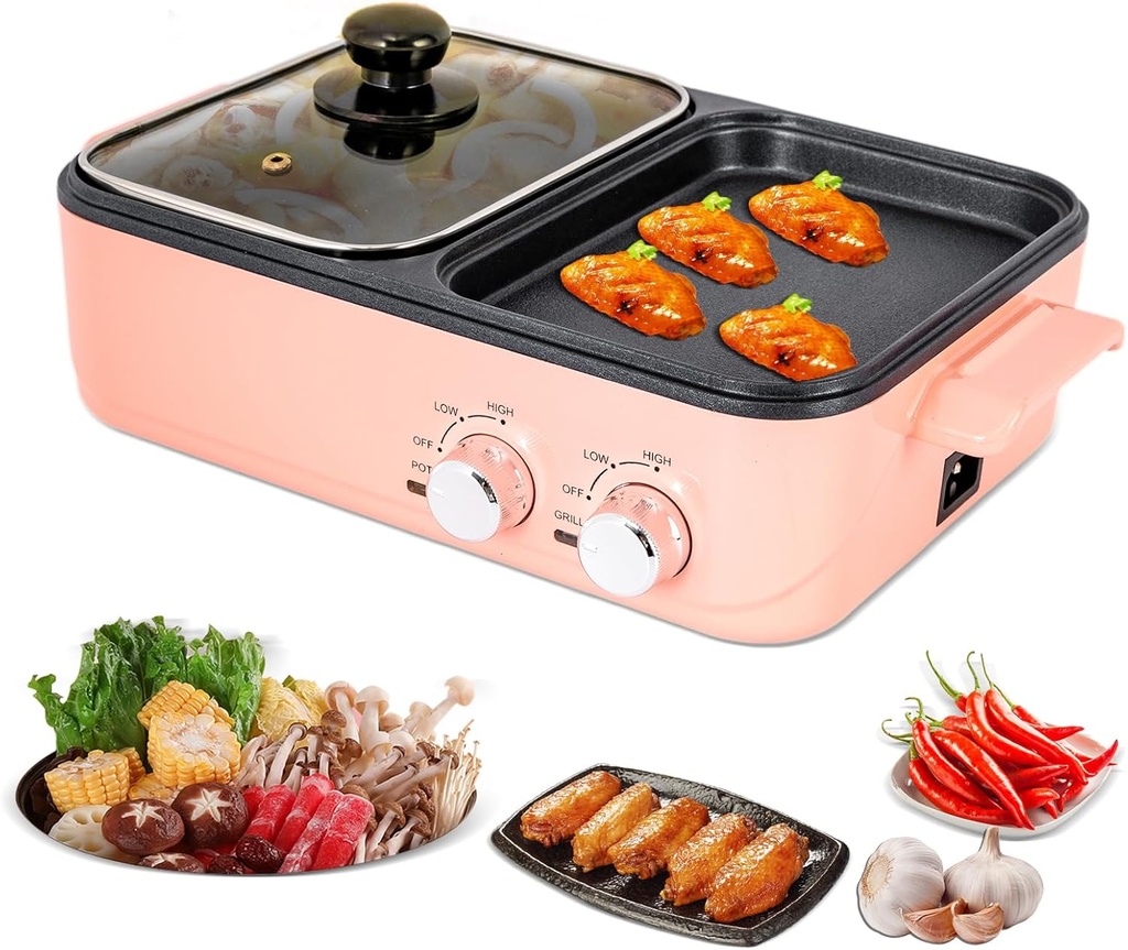 Electric Hot Pot with Grill, 2 In 1 Multifunction Nonstick Griddle and Hot Pot, Indoor Barbecue Grill with Hotpot for Steak, Shabu Shabu, Korean BBQ, Separate Dual Temperature Control
