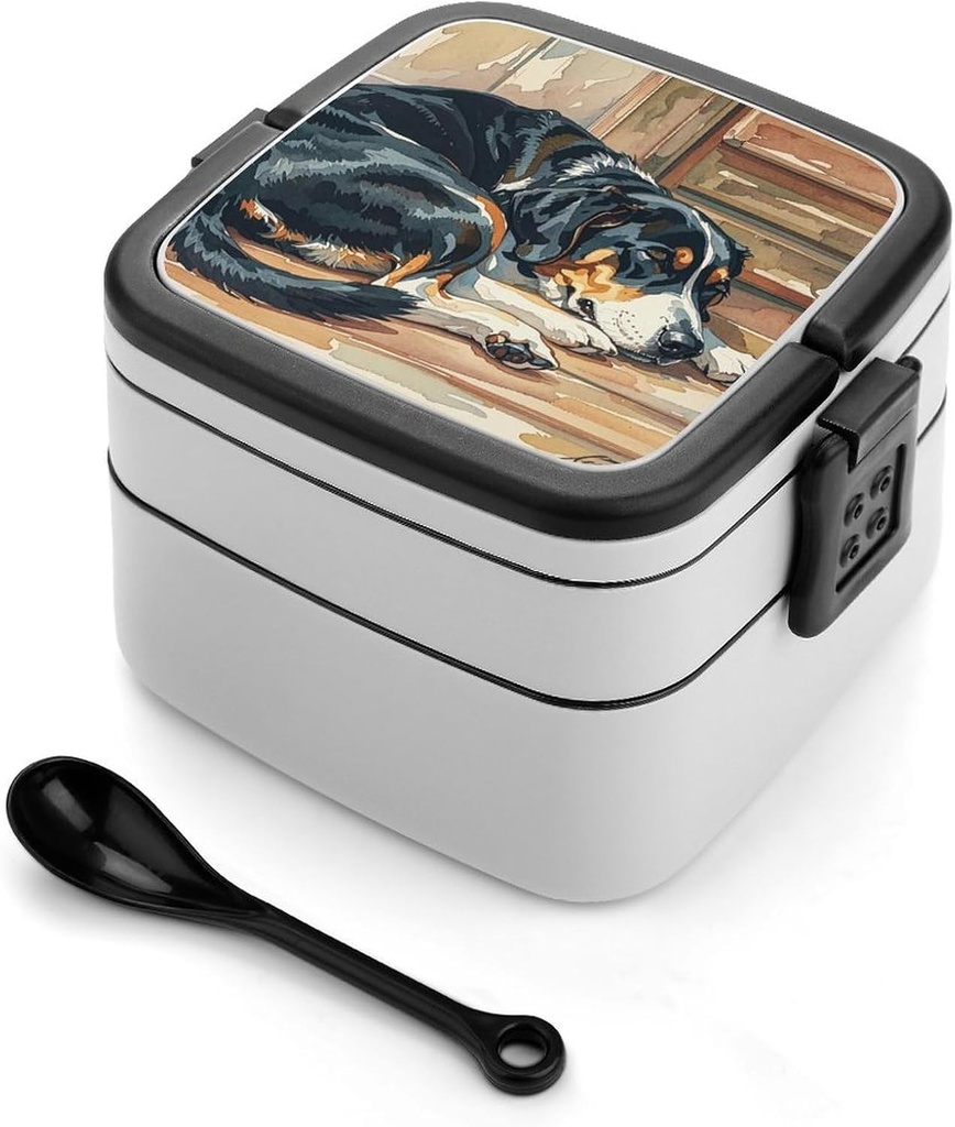 Dogs Sleeping in The House Bento Box Leak-Proof Double Layered Lunch Containers with Spoons And Invisible Handle, Portable Lunch Boxes for Work Picnic Travel