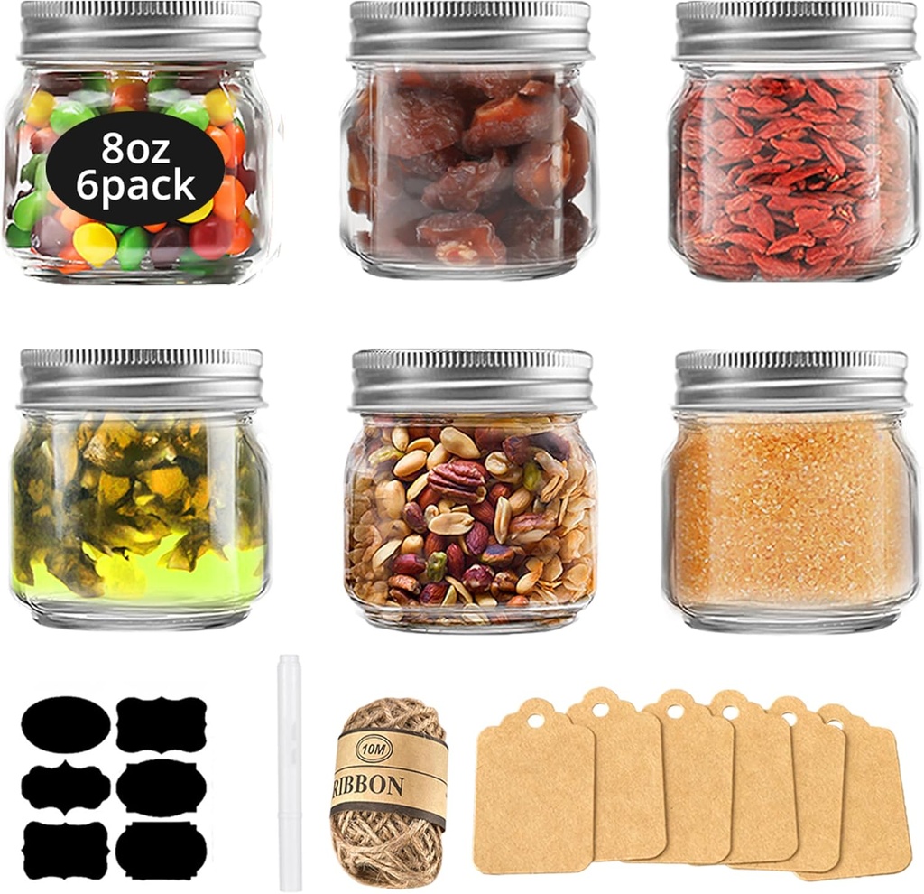 Rainforce Mason Jars 8oz with Silver Lids 6 Pack– Small Glass Jars with Lids, Wide Mouth Half Pint Canning for Food Storage, Jam, Honey, Spice, Candle, Overnight Oats & DIY Projects